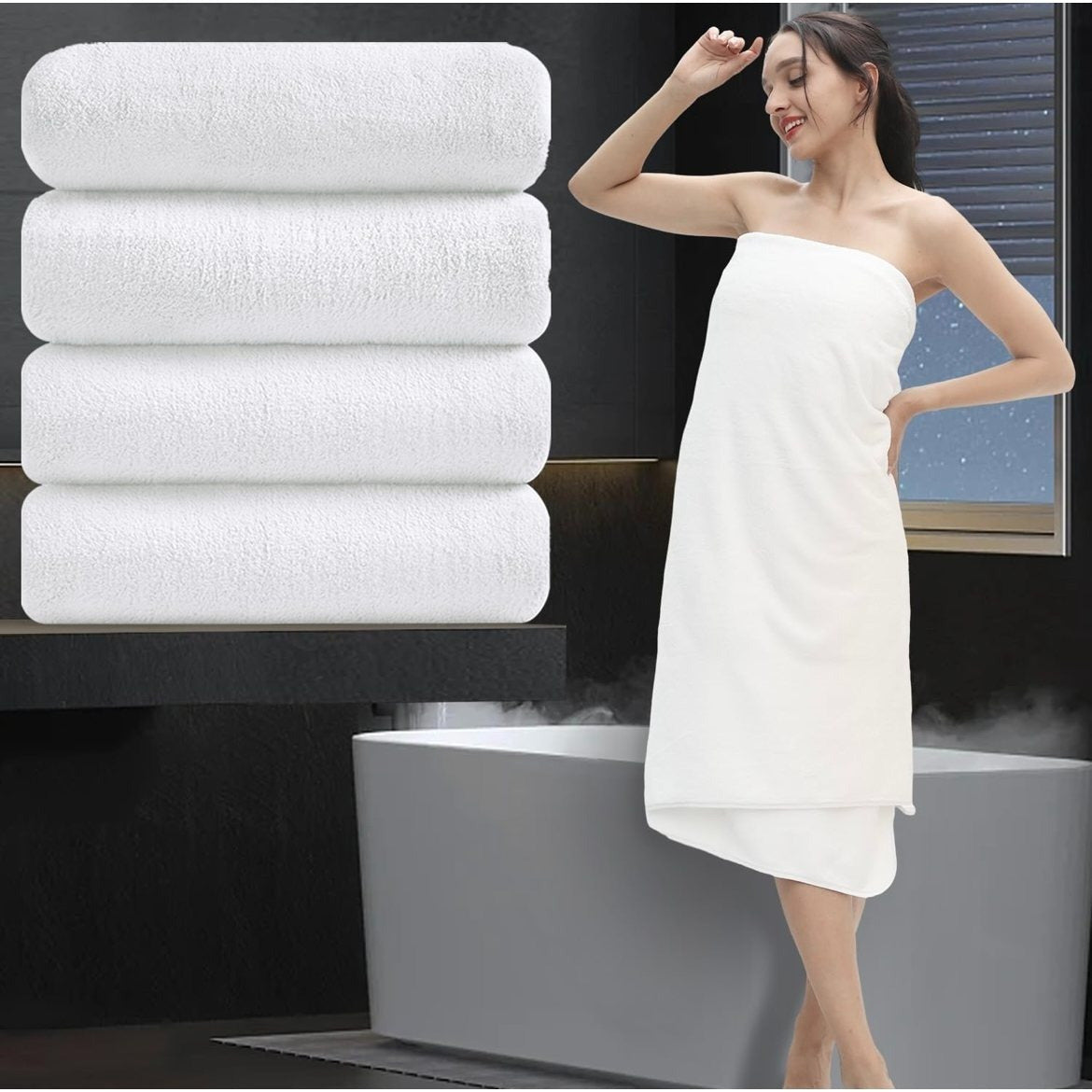4 Piece Set 100% Cotton Bath Towels - Ultra-Soft, Absorbent, and Spa-Like, White 27 X55 inc